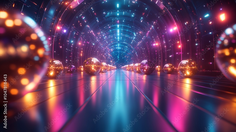 Neon-lit tunnel with soft golden orbs floating in the air, casting reflections on smooth glass floors, designed with flawless symmetry and futuristic aesthetics Neon-lit tunnel with soft golden orbs floating in the air, casting reflections on smooth glass floors, designed with flawless symmetry and futuristic aesthetics