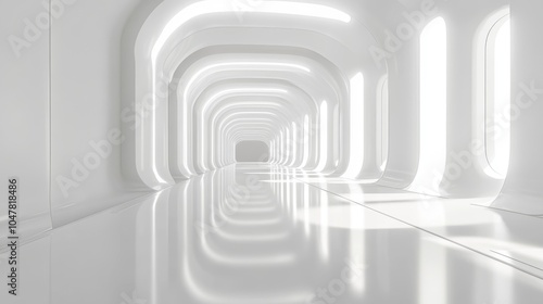 Octagonal white corridor, glowing light accents, reflective floor casting monochrome shadows, futuristic and sterile atmosphere, minimalist Sci-Fi, ultra-modern architecture, 3D render photo