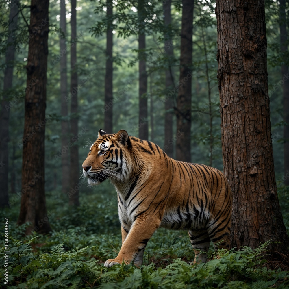 Obraz premium A tiger in the forest. Image made using Generative AI.