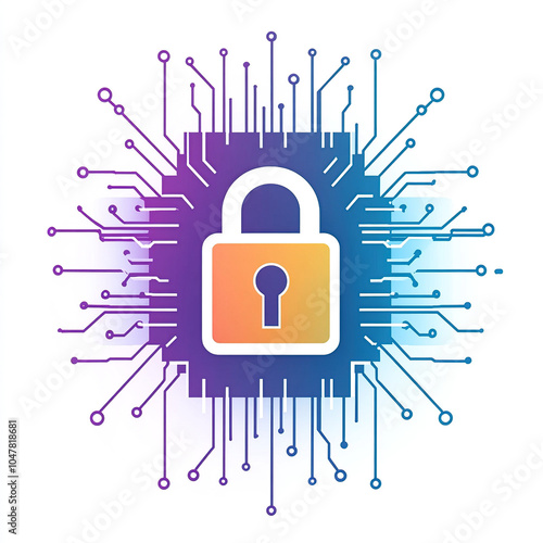 Vector illustration of digital security, a lock symbol with a circuit board pattern in the background on a white background