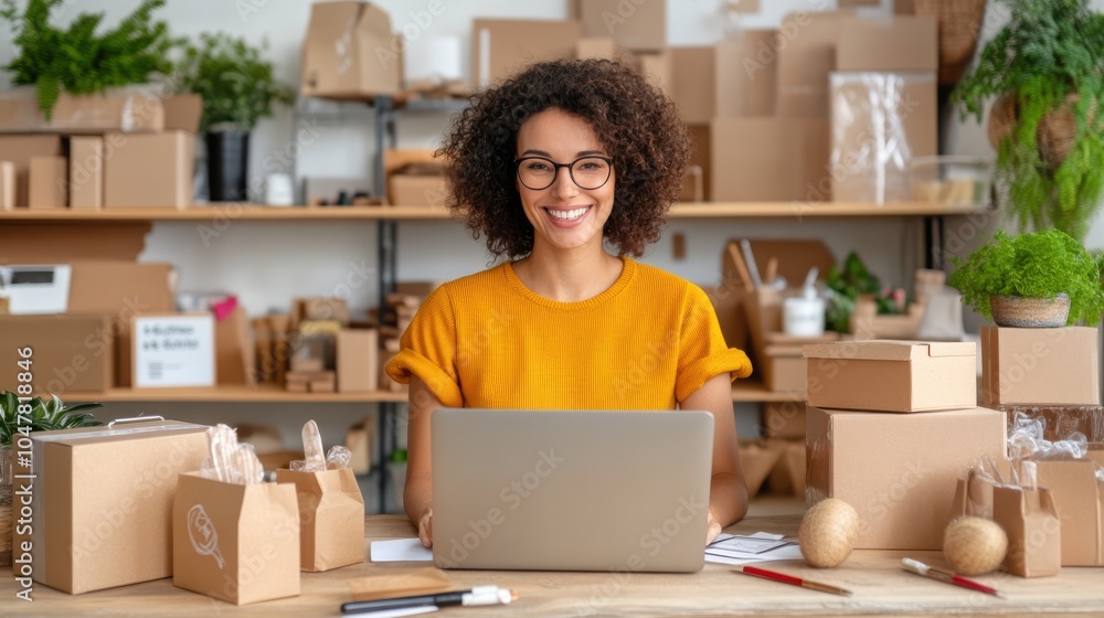 A smiling woman in glasses, surrounded by packages and plants, works on her laptop, creating an ambiance of a busy but happy office environment. A smiling woman in glasses, surrounded by packages and plants, works on her laptop, creating an ambiance of a busy but happy office environment.