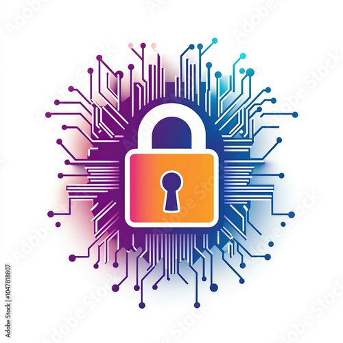 Vector illustration of digital security, a lock symbol with a circuit board pattern in the background on a white background