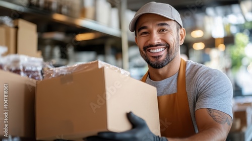 A friendly man wearing a hat and gloves holds a package and smiles in a storeroom, illustrating a vibrant and bustling environment of productivity. photo