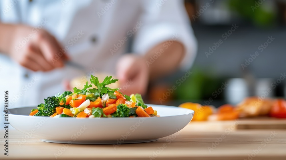 A chef carefully garnishes a colorful mixed vegetable salad, adding a finishing touch with parsley leaves, set on a white plate in a well-lit kitchen. A chef carefully garnishes a colorful mixed vegetable salad, adding a finishing touch with parsley leaves, set on a white plate in a well-lit kitchen.