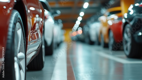 A row of cars is neatly parked in an indoor garage, showcasing the organization and structure of modern automotive storage, with a focus on various makes and models. photo