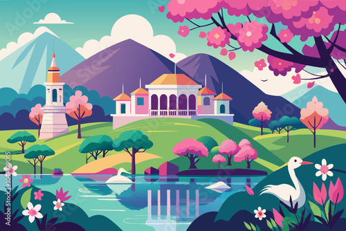  a hili area a cherubism tree in front of lake rani season some swon are playing lake beautiful building