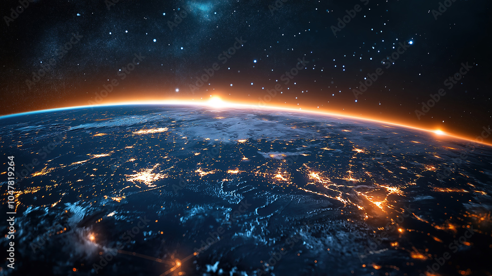 Obraz premium Elegant depiction of a dotted line launch surrounding a digital Earth symbolizing globalization