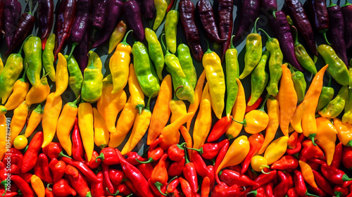 red, yellow, green, and purple chili peppers