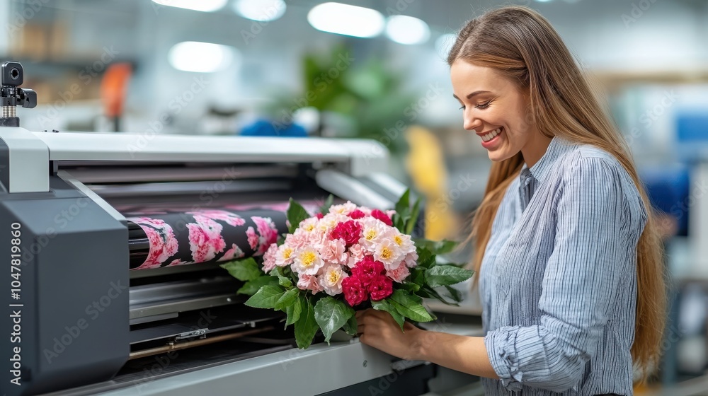 A smiling woman is seen organizing floral-printed textile in a manufacturing setting, reflecting happiness and satisfaction in work, vibrant design, and creativity. A smiling woman is seen organizing floral-printed textile in a manufacturing setting, reflecting happiness and satisfaction in work, vibrant design, and creativity.