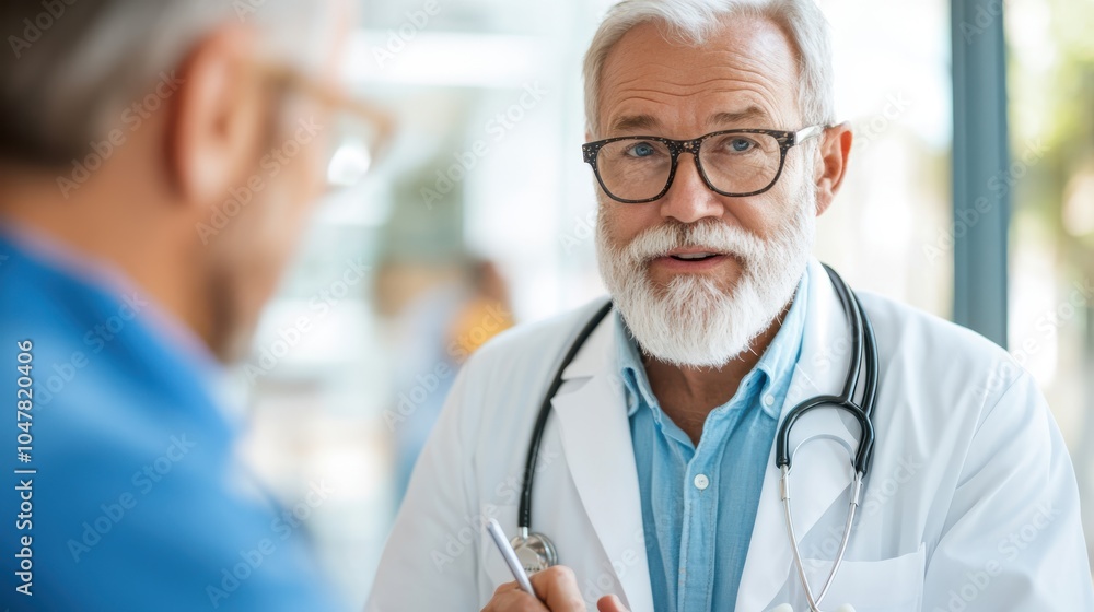 An elderly male doctor with a white beard and glasses, wearing a white coat and stethoscope, engages in a serious consultation with a patient in a medical office. An elderly male doctor with a white beard and glasses, wearing a white coat and stethoscope, engages in a serious consultation with a patient in a medical office.