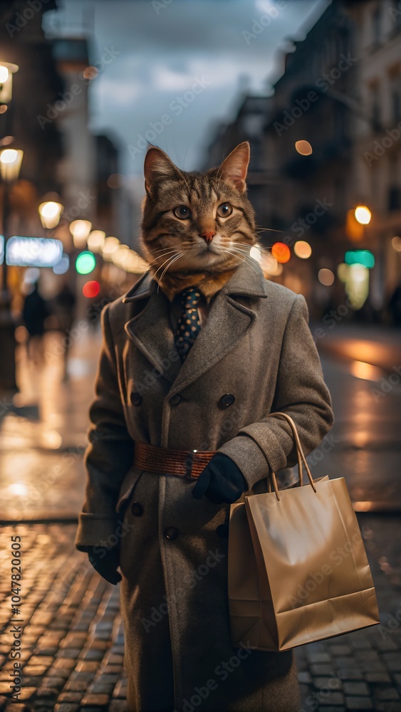 Cat in plaid coat strolling on city street at night with shopping bags Cat in plaid coat strolling on city street at night with shopping bags