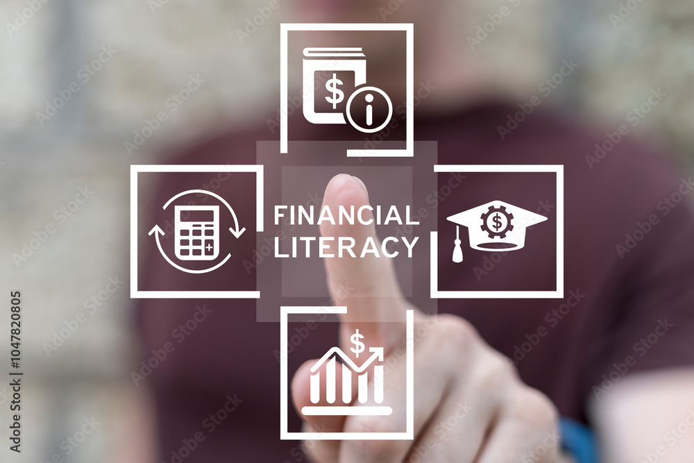 Man using virtual touch screen presses text: FINANCIAL LITERACY. Financial literacy and education with learning concept. Economic knowledge and personal skills. Money planning and control.