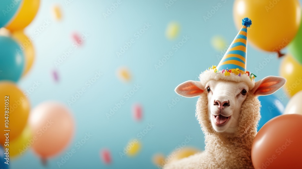 A cheerful lamb sporting a festive party hat grins amidst a backdrop of vibrant balloons, showcasing a scene of celebration, happiness, and youthful exuberance. A cheerful lamb sporting a festive party hat grins amidst a backdrop of vibrant balloons, showcasing a scene of celebration, happiness, and youthful exuberance.