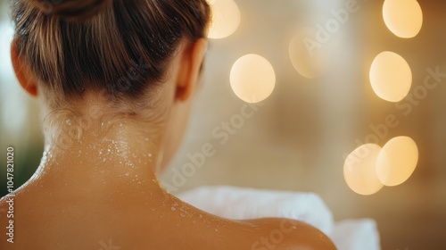 An intimate close-up of a woman's neck with gentle droplets, captured against a backdrop of soft spa lighting. The scene embodies calm, relaxation, and tranquility. photo