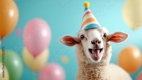 A joyful lamb donning a party hat beams among a vivid array of floating balloons, creating an inviting celebration scene filled with delight, charm, and playfulness. photo