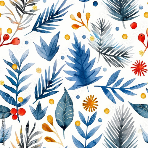 Seamless Watercolor Winter Foliage Pattern, Festive Botanical Design, Christmas, Holiday Background