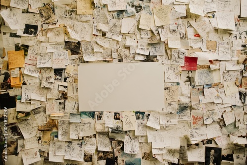 Fototapeta Naklejka Na Ścianę i Meble -  A white rectangular board on a wall covered with handwritten notes, sketches, and photographs.