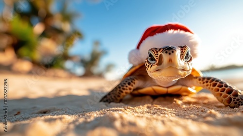 A turtle donned with a Santa hat is on a sandy shore, basking in the golden light of sunset, merging the feel of warmth with seasonal festive charm.