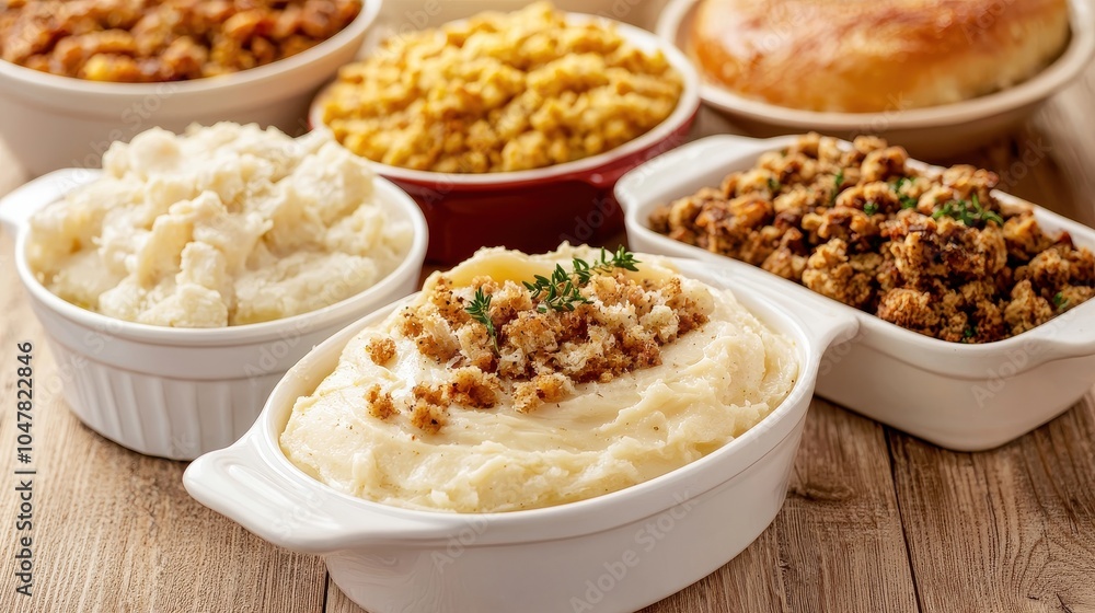 A variety of delicious comfort foods, including mashed potatoes, mac and cheese, and cornbread, presented in bowls on a wooden table. A variety of delicious comfort foods, including mashed potatoes, mac and cheese, and cornbread, presented in bowls on a wooden table.