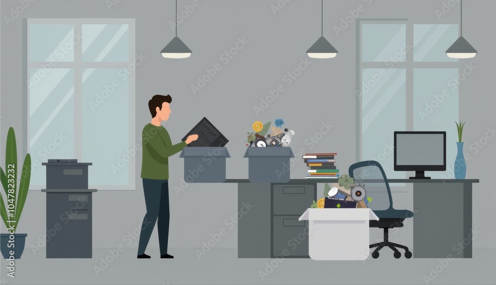 Man working at desk in modern office, surrounded by technology and documents, promoting productivity and organization. Generative, AI, Man working at desk in modern office, surrounded by technology and documents, promoting productivity and organization. Generative, AI,