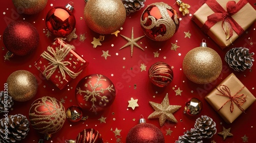 Festive Holiday Decorations on Red Background