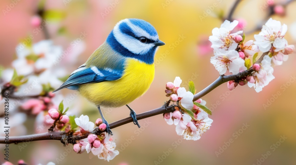 Fototapeta premium Eurasian Blue Tit Perched on Blossoming Branch