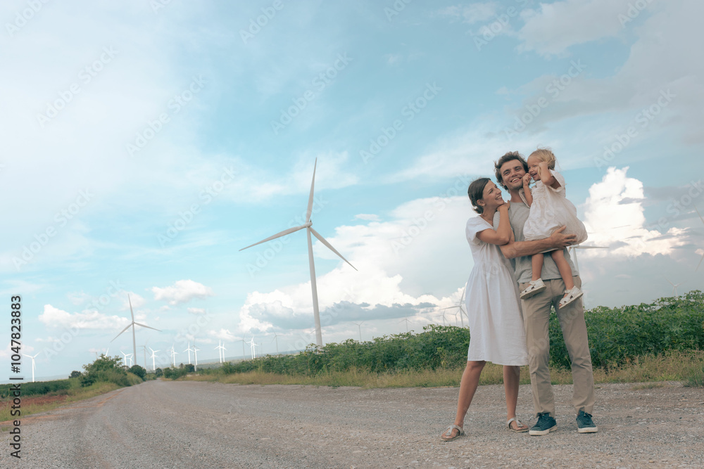 White family walking leisurely in windmill field, environmental tourism concept, clean energy. White family walking leisurely in windmill field, environmental tourism concept, clean energy.