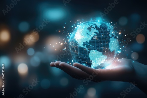 Global responsibility: hand holding globe symbolizes humanity connection to Earth, vital role of digital tools in promoting environmental awareness, unity, cooperation for planetary preservation.