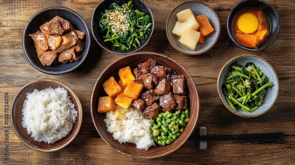 A colorful plate of rice and various dishes, including meat, vegetables, and an egg, arranged on a rustic wooden table. A colorful plate of rice and various dishes, including meat, vegetables, and an egg, arranged on a rustic wooden table.