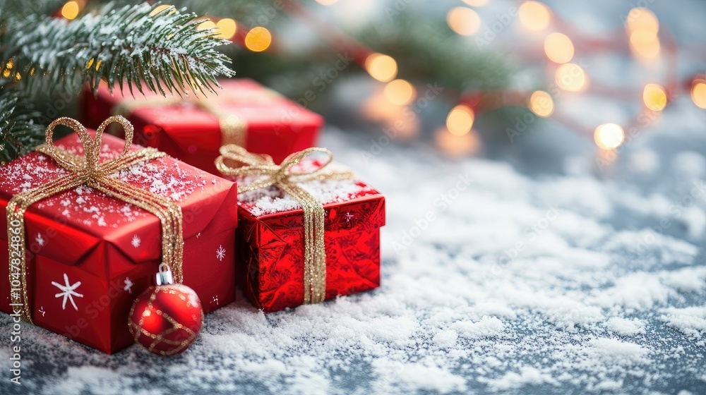 Festive Red Gifts on Snowy Surface with Twinkling Lights Festive Red Gifts on Snowy Surface with Twinkling Lights