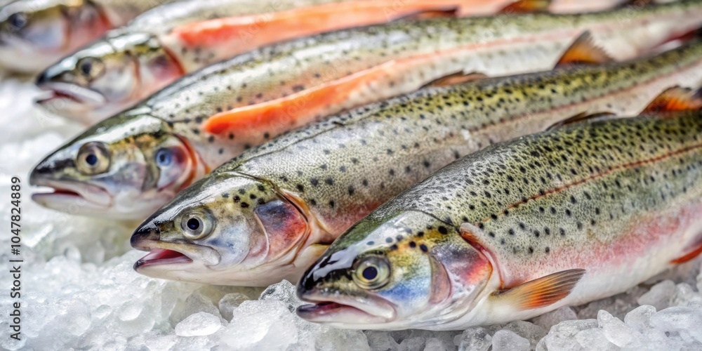 Rainbow trout steaks on ice at fish market shelf , raw, rainbow trout, steaks, chilled, shallow ice, seafood market, open shelf Rainbow trout steaks on ice at fish market shelf , raw, rainbow trout, steaks, chilled, shallow ice, seafood market, open shelf