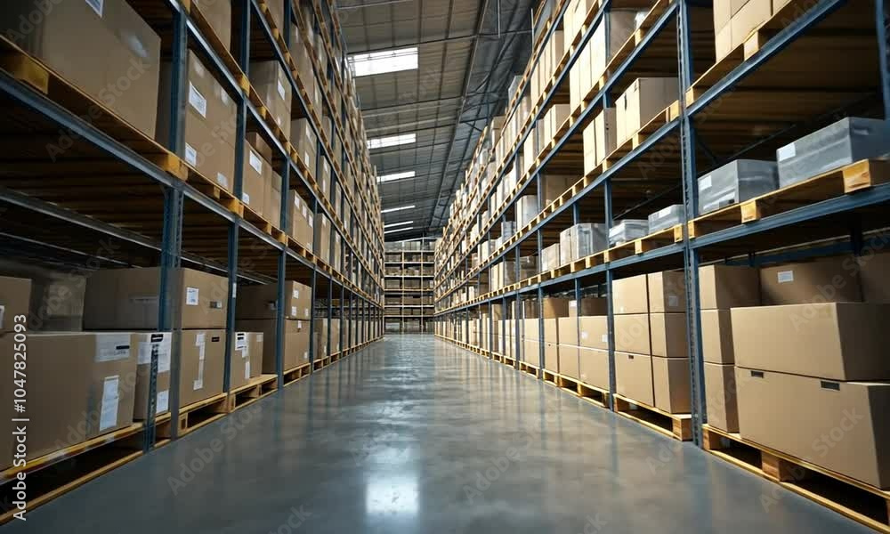 A wide aisle in a warehouse filled with neatly stacked cardboard boxes ...