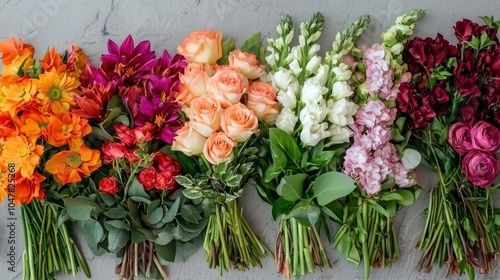 Wallpaper Mural A vibrant display of colorful floral bouquets arranged side by side, showcasing a variety of blossoms including roses, snapdragons, and more. Torontodigital.ca