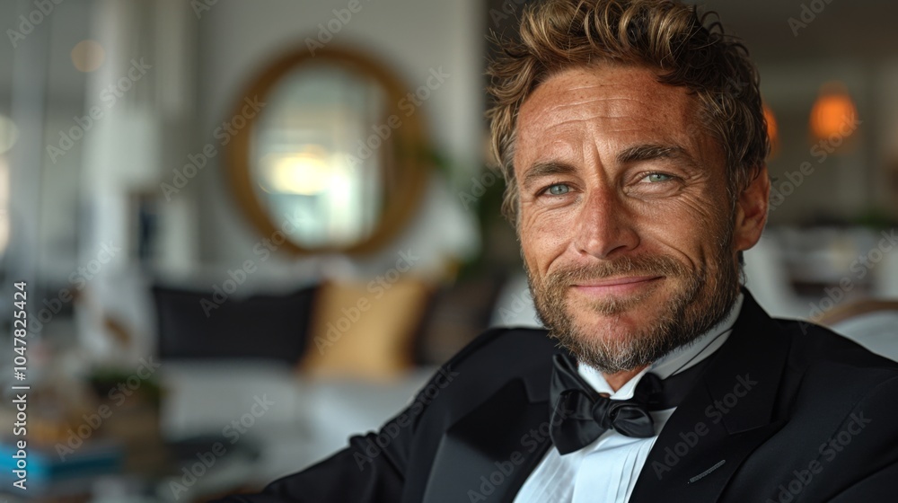 A confident man with a stylish beard and tousled hair in a tuxedo smiles warmly at the camera, situated in an elegantly furnished modern home environment. A confident man with a stylish beard and tousled hair in a tuxedo smiles warmly at the camera, situated in an elegantly furnished modern home environment.