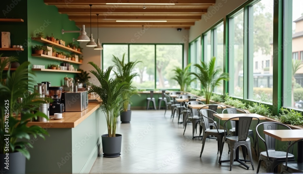 Fototapeta premium Modern cafe with green chairs, wooden tables, and plants, creating a cozy and inviting atmosphere. Generative, AI,