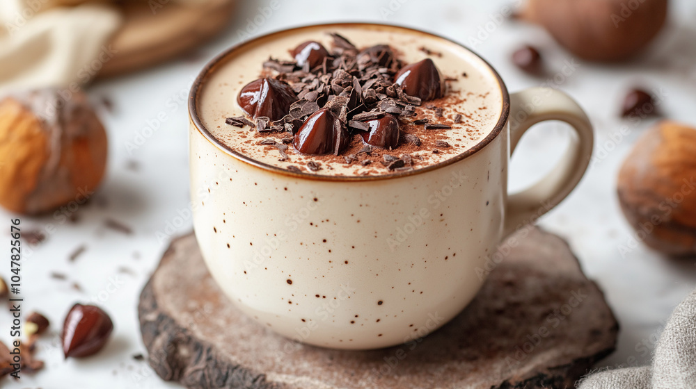 cup of coffee with chocolate, autumn café beverage menu featuring a chestnut-shaped chocolate, hot chocolate topped with chocolate decorations, café latte, and a latte in a mug, nuts latte cup of coffee with chocolate, autumn café beverage menu featuring a chestnut-shaped chocolate, hot chocolate topped with chocolate decorations, café latte, and a latte in a mug, nuts latte