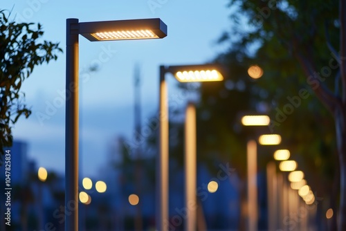 Modern LED street lighting poles illuminating an urban area during twilight hours