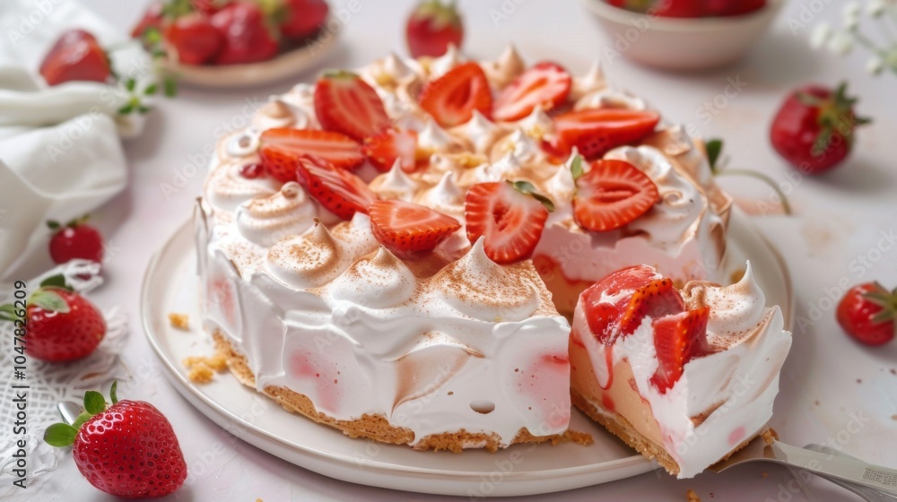A beautifully decorated meringue pie topped with fresh strawberries on a plate, surrounded by additional strawberries and a light, airy table setting. A beautifully decorated meringue pie topped with fresh strawberries on a plate, surrounded by additional strawberries and a light, airy table setting.