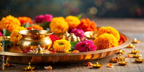 Brass puja thali adorned with colorful flowers, rendering, puja thali, brass, flowers, decoration, traditional, religious