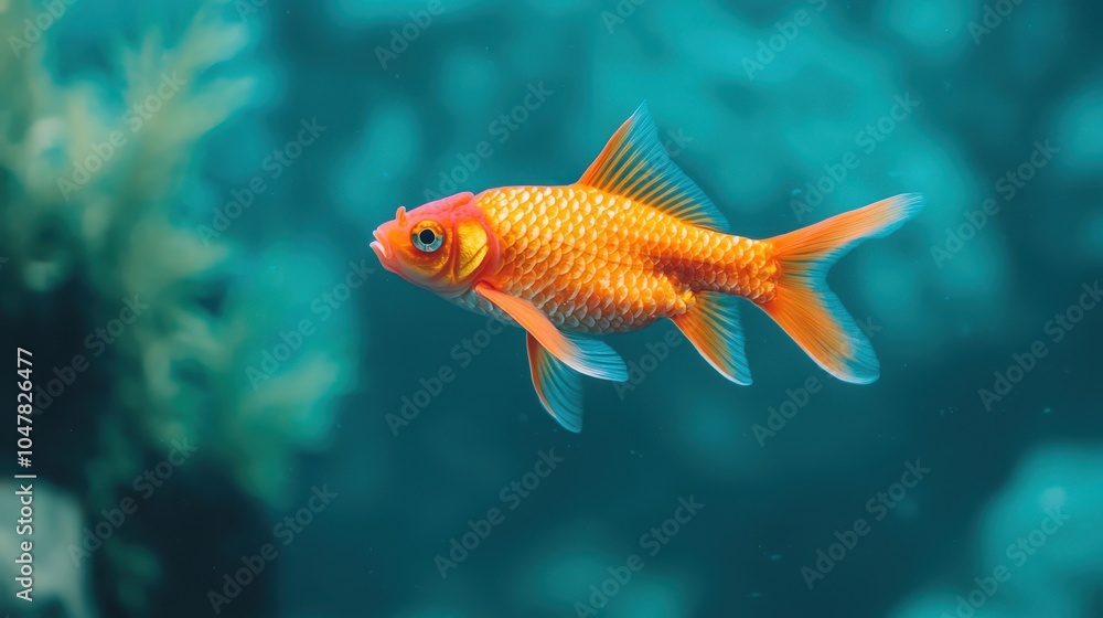 An elegant goldfish swimming gracefully in a serene underwater environment. An elegant goldfish swimming gracefully in a serene underwater environment.