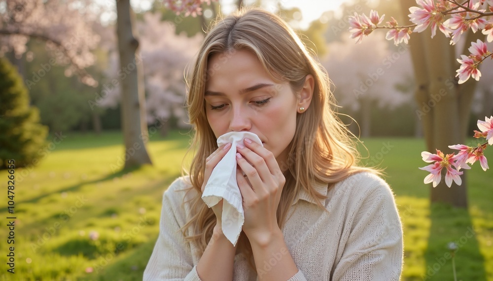 Person experiencing allergies amid spring blossoms in sunlit garden Person experiencing allergies amid spring blossoms in sunlit garden