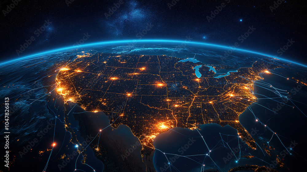 Elegant view of America from space illuminated by bright network lines for communication Elegant view of America from space illuminated by bright network lines for communication