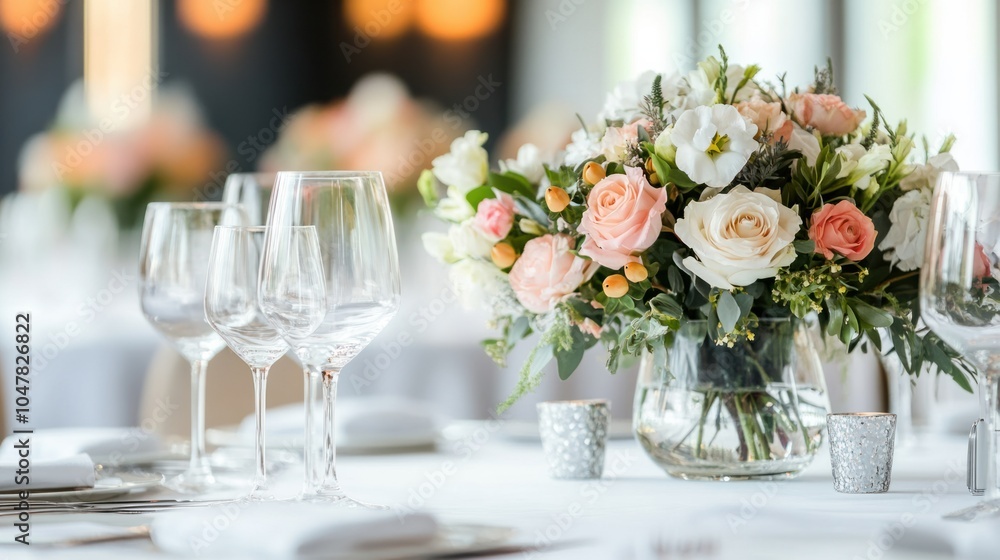 Corporate banquet hall with ambient lighting and sophisticated table settings, featuring floral arrangements and crystal glasses, isolated on white Corporate banquet hall with ambient lighting and sophisticated table settings, featuring floral arrangements and crystal glasses, isolated on white