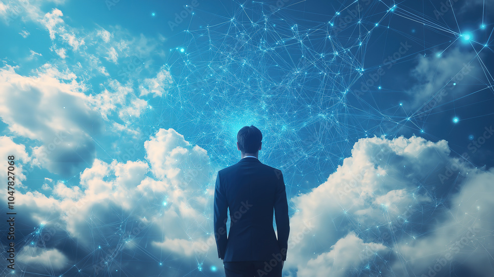 Elegant scene of a businessman gazing at a digital network in the sky Elegant scene of a businessman gazing at a digital network in the sky