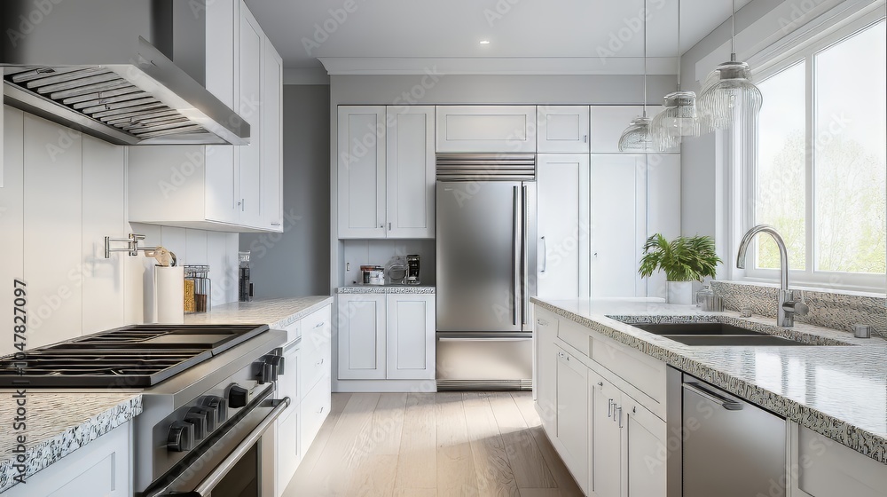 Kitchens in white new, with granite counter-tops, stove and stainless steel refrigerator. Modern kitchen. Ultra realistic. Photorealistic Kitchens in white new, with granite counter-tops, stove and stainless steel refrigerator. Modern kitchen. Ultra realistic. Photorealistic