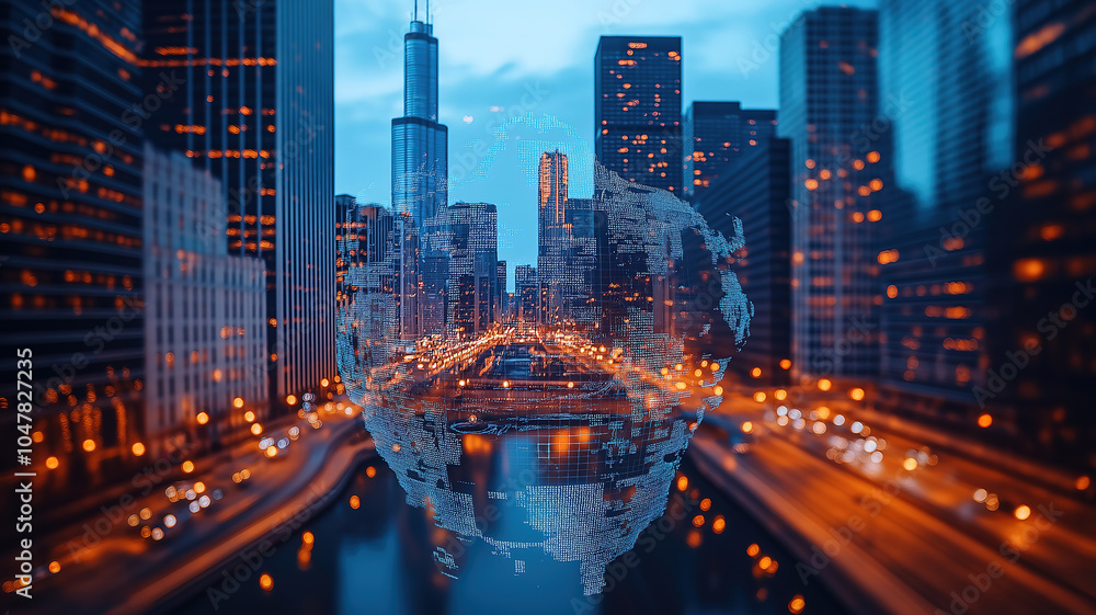 Obraz premium Elegant double exposure of a graphic America map hologram against Chicago's skyline