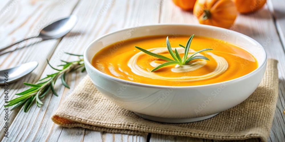 Creamy pumpkin soup garnished with fresh rosemary, pumpkin, cream, soup, autumn, fall, comfort food, cozy, warm Creamy pumpkin soup garnished with fresh rosemary, pumpkin, cream, soup, autumn, fall, comfort food, cozy, warm