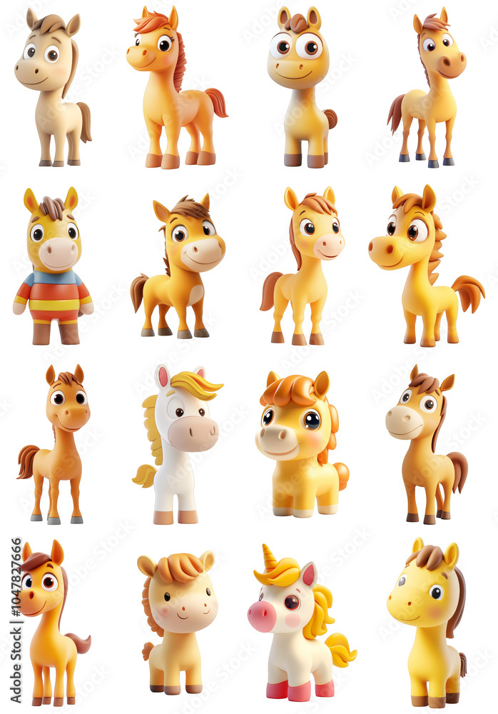 Obraz premium Charming Cartoon Horse and Unicorn Illustrations Set with Transparent Background for Design Overlays and Decorations