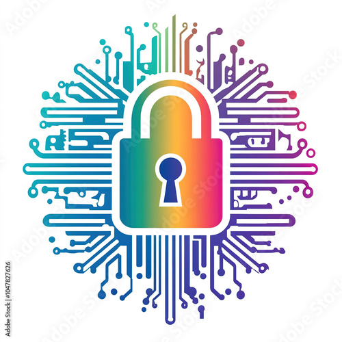 Vector illustration of digital security, a lock symbol with a circuit board pattern in the background on a white background