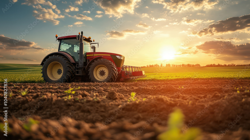 Fototapeta premium A red tractor plowing a field at sunset, showcasing agricultural activity and nature.